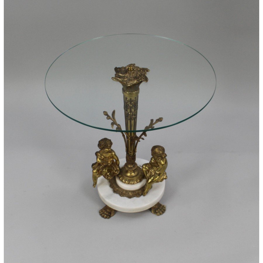 Pair of Cherub Ormolu & Marble Glass Topped Occasional Tables